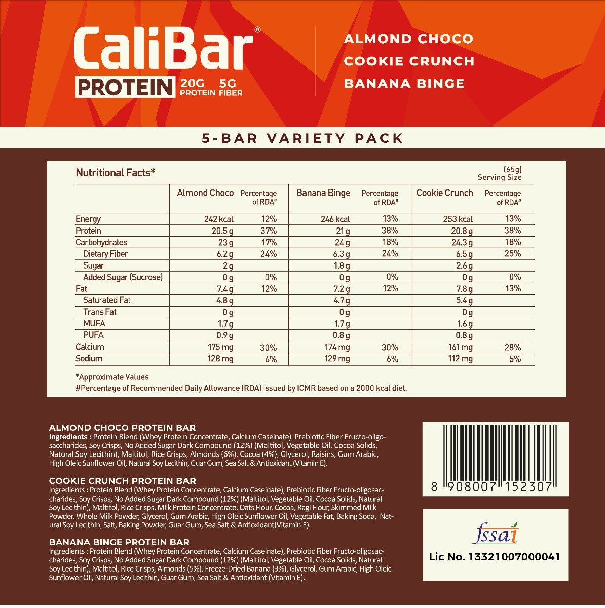CaliBar 20g Protein 5-BAR Variety Pack | No Added Sugar, 5x65 gm, Pack of 1 CaliBar 20g Protein 5-BAR Variety Pack | No Added Sugar, 5x65 gm, Pack of 1