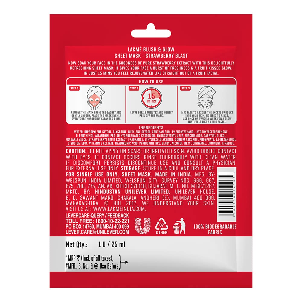 Lakme Blush & Glow Strawberry Sheet Mask, 25 ml Price, Uses, Side