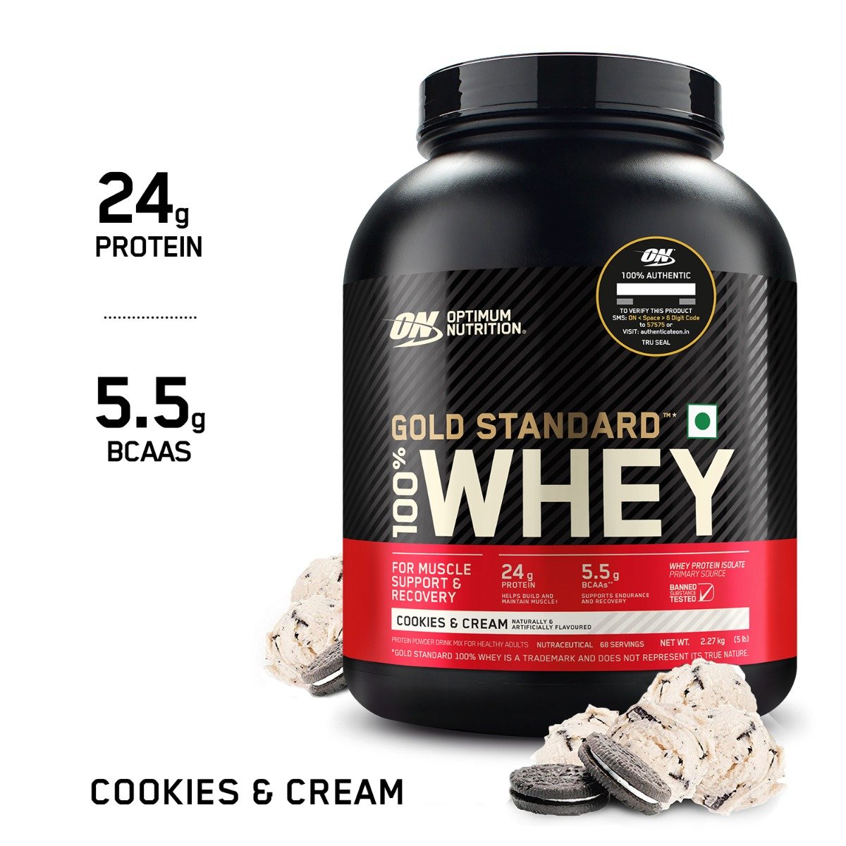 Optimum Nutrition (ON) Gold Standard 100% Whey Protein Cookies & Cream Flavour Powder, 2.27 kg, Pack of 1 Optimum Nutrition (ON) Gold Standard 100% Whey Protein Cookies & Cream Flavour Powder, 2.27 kg, Pack of 1