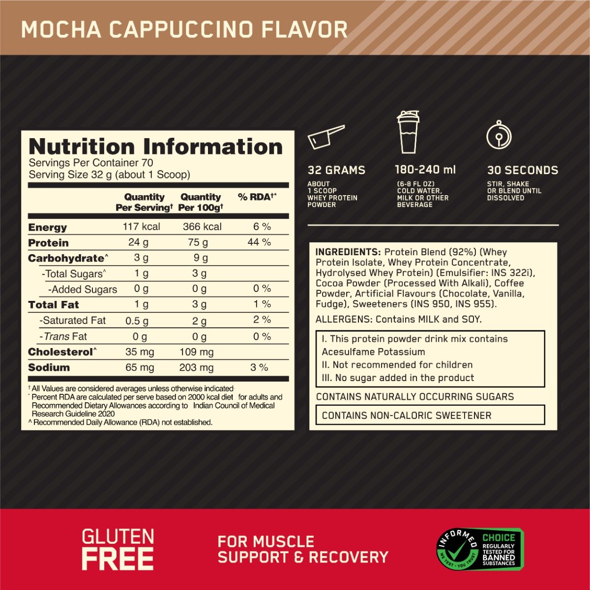 Optimum Nutrition (ON) Gold Standard 100% Whey Protein Mocha Cappuccino Flavour Powder, 5 lb, Pack of 1 Optimum Nutrition (ON) Gold Standard 100% Whey Protein Mocha Cappuccino Flavour Powder, 5 lb, Pack of 1