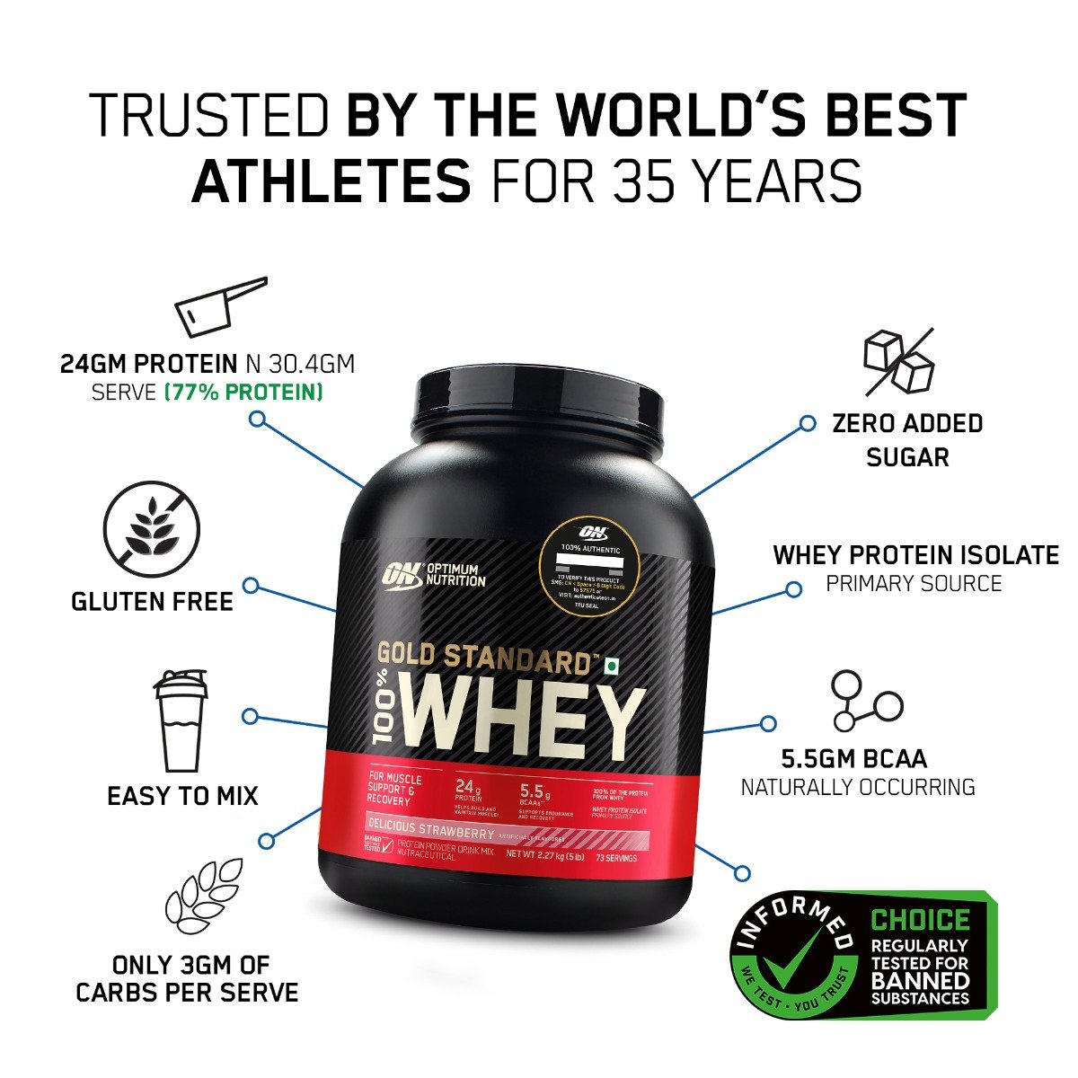 Optimum Nutrition 100% Whey Protein Gold Standard Delicious Strawberry Flavour Powder, 5 lb, Pack of 1 Optimum Nutrition 100% Whey Protein Gold Standard Delicious Strawberry Flavour Powder, 5 lb, Pack of 1