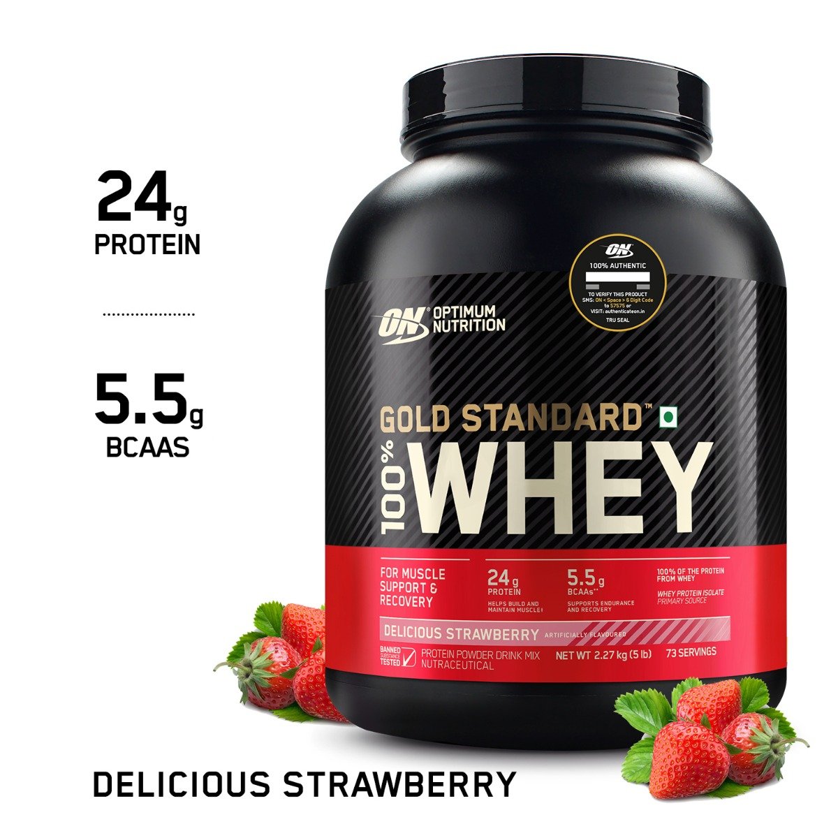 Optimum Nutrition 100% Whey Protein Gold Standard Delicious Strawberry Flavour Powder, 5 lb, Pack of 1 Optimum Nutrition 100% Whey Protein Gold Standard Delicious Strawberry Flavour Powder, 5 lb, Pack of 1