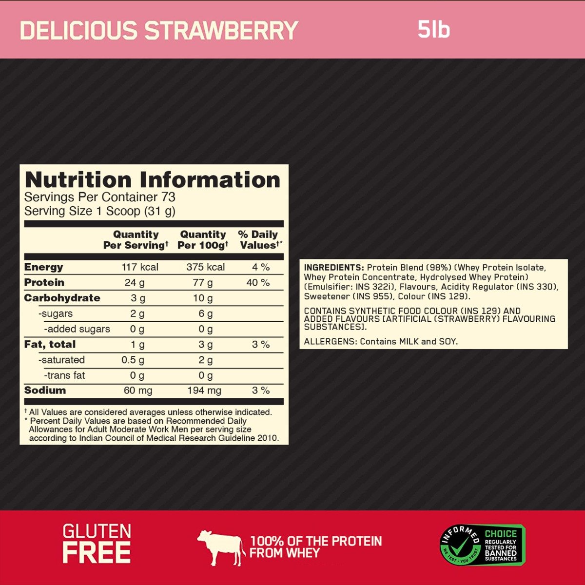 Optimum Nutrition 100% Whey Protein Gold Standard Delicious Strawberry Flavour Powder, 5 lb, Pack of 1 Optimum Nutrition 100% Whey Protein Gold Standard Delicious Strawberry Flavour Powder, 5 lb, Pack of 1