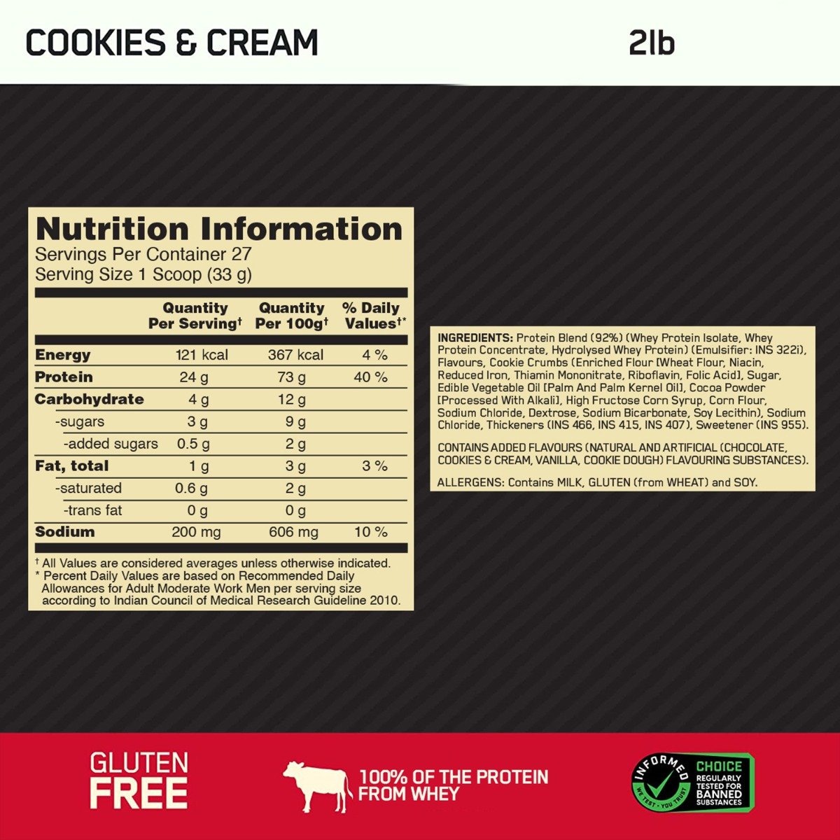 Optimum Nutrition (ON) Gold Standard 100% Whey Protein Cookies & Cream Flavour Powder, 907 gm, Pack of 1 Optimum Nutrition (ON) Gold Standard 100% Whey Protein Cookies & Cream Flavour Powder, 907 gm, Pack of 1