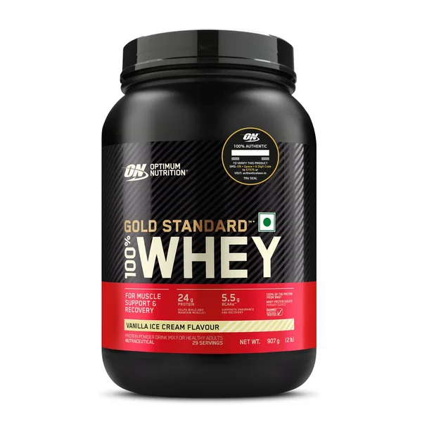 Optimum Nutrition (ON) Gold Standard 100% Whey Protein Vanilla Ice Cream Flavour Powder, 907 gm, Pack of 1