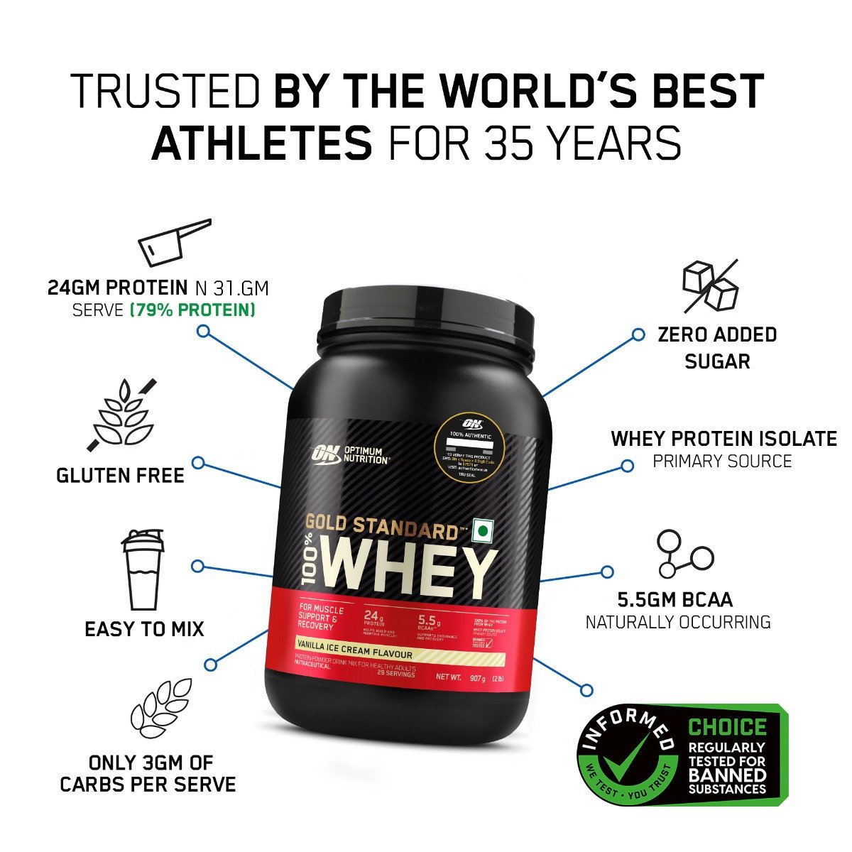 Optimum Nutrition (ON) Gold Standard 100% Whey Protein Vanilla Ice Cream Flavour Powder, 907 gm, Pack of 1 Optimum Nutrition (ON) Gold Standard 100% Whey Protein Vanilla Ice Cream Flavour Powder, 907 gm, Pack of 1