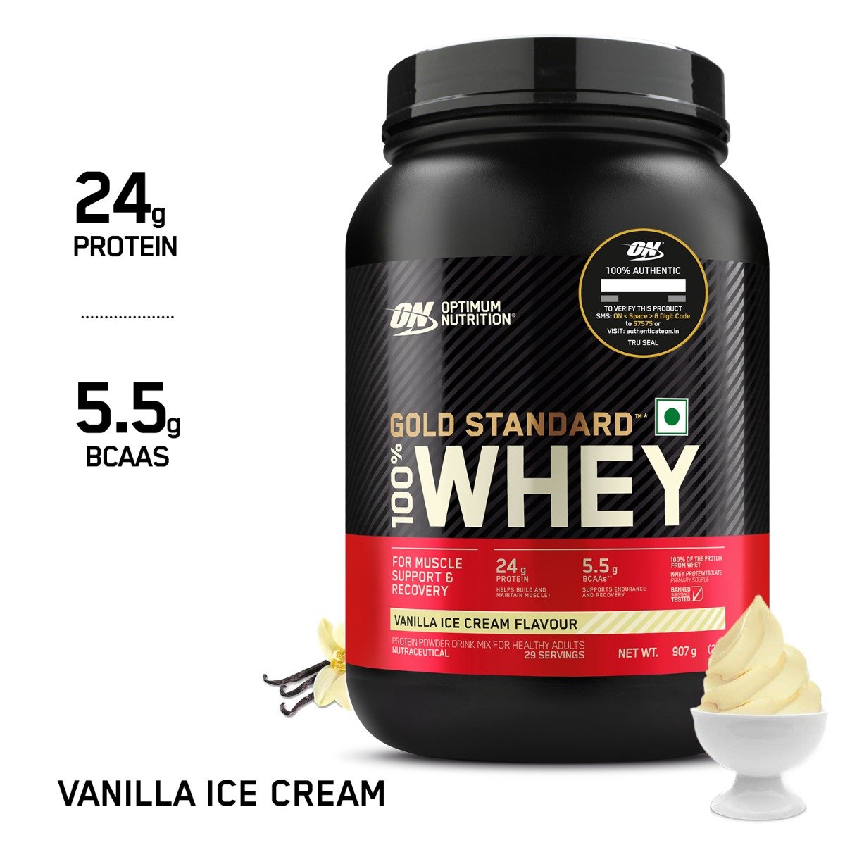 Optimum Nutrition (ON) Gold Standard 100% Whey Protein Vanilla Ice Cream Flavour Powder, 907 gm, Pack of 1 Optimum Nutrition (ON) Gold Standard 100% Whey Protein Vanilla Ice Cream Flavour Powder, 907 gm, Pack of 1