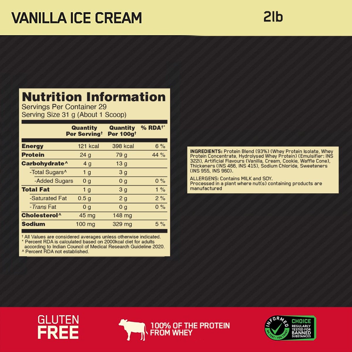 Optimum Nutrition (ON) Gold Standard 100% Whey Protein Vanilla Ice Cream Flavour Powder, 907 gm, Pack of 1 Optimum Nutrition (ON) Gold Standard 100% Whey Protein Vanilla Ice Cream Flavour Powder, 907 gm, Pack of 1