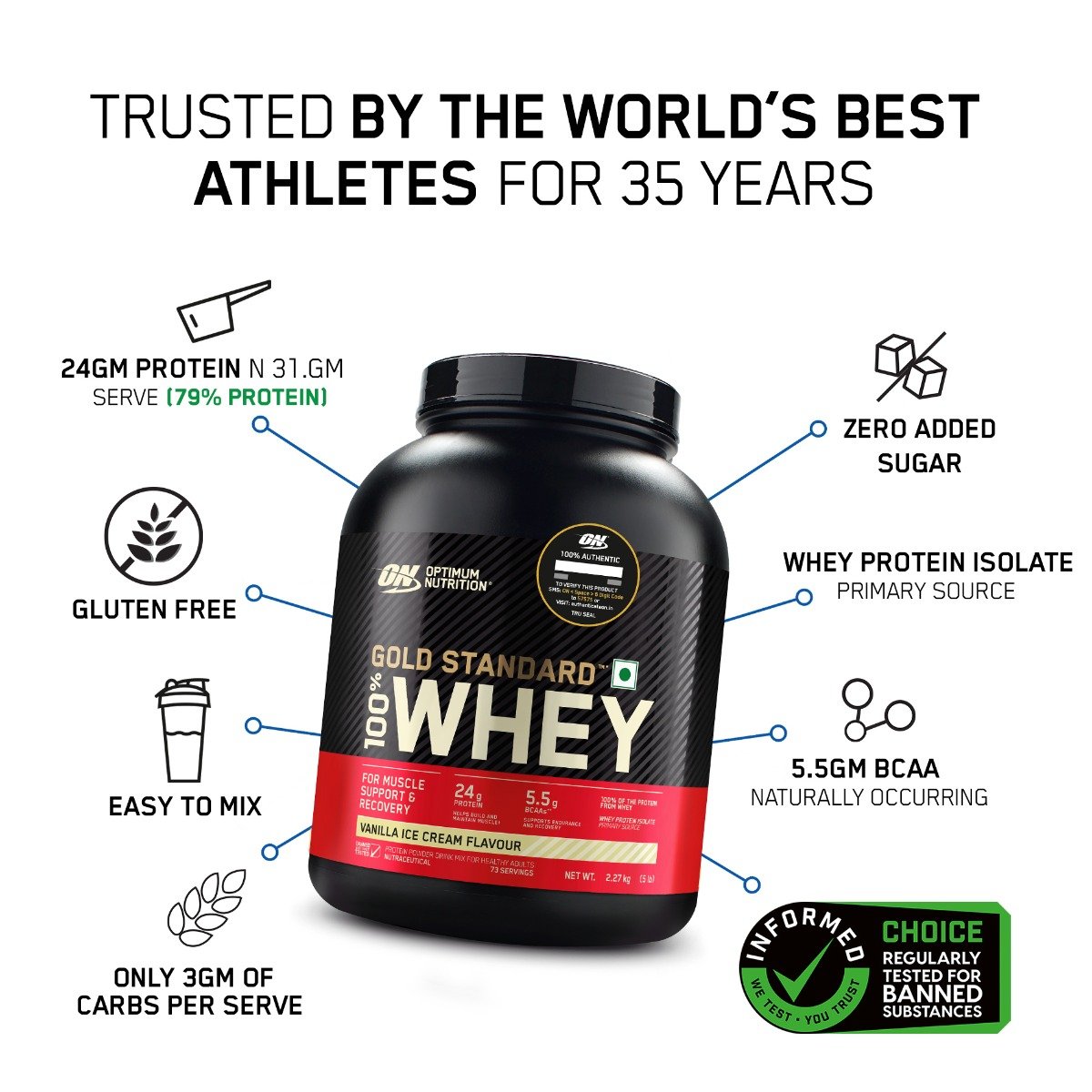 Optimum Nutrition (ON) Gold Standard 100% Whey Protein Vanilla Ice Cream Flavour Powder, 2.27 kg, Pack of 1 Optimum Nutrition (ON) Gold Standard 100% Whey Protein Vanilla Ice Cream Flavour Powder, 2.27 kg, Pack of 1