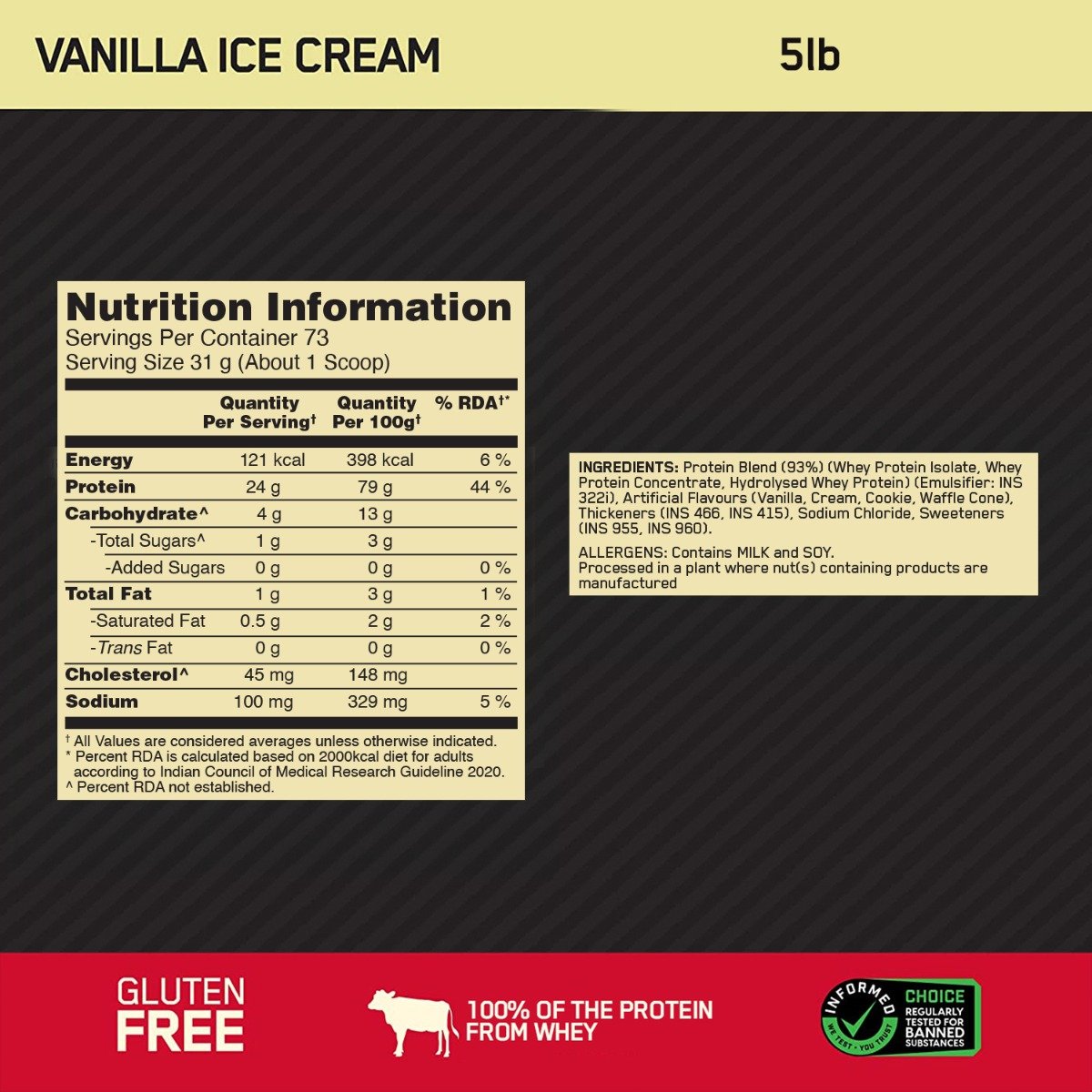 Optimum Nutrition (ON) Gold Standard 100% Whey Protein Vanilla Ice Cream Flavour Powder, 2.27 kg, Pack of 1 Optimum Nutrition (ON) Gold Standard 100% Whey Protein Vanilla Ice Cream Flavour Powder, 2.27 kg, Pack of 1