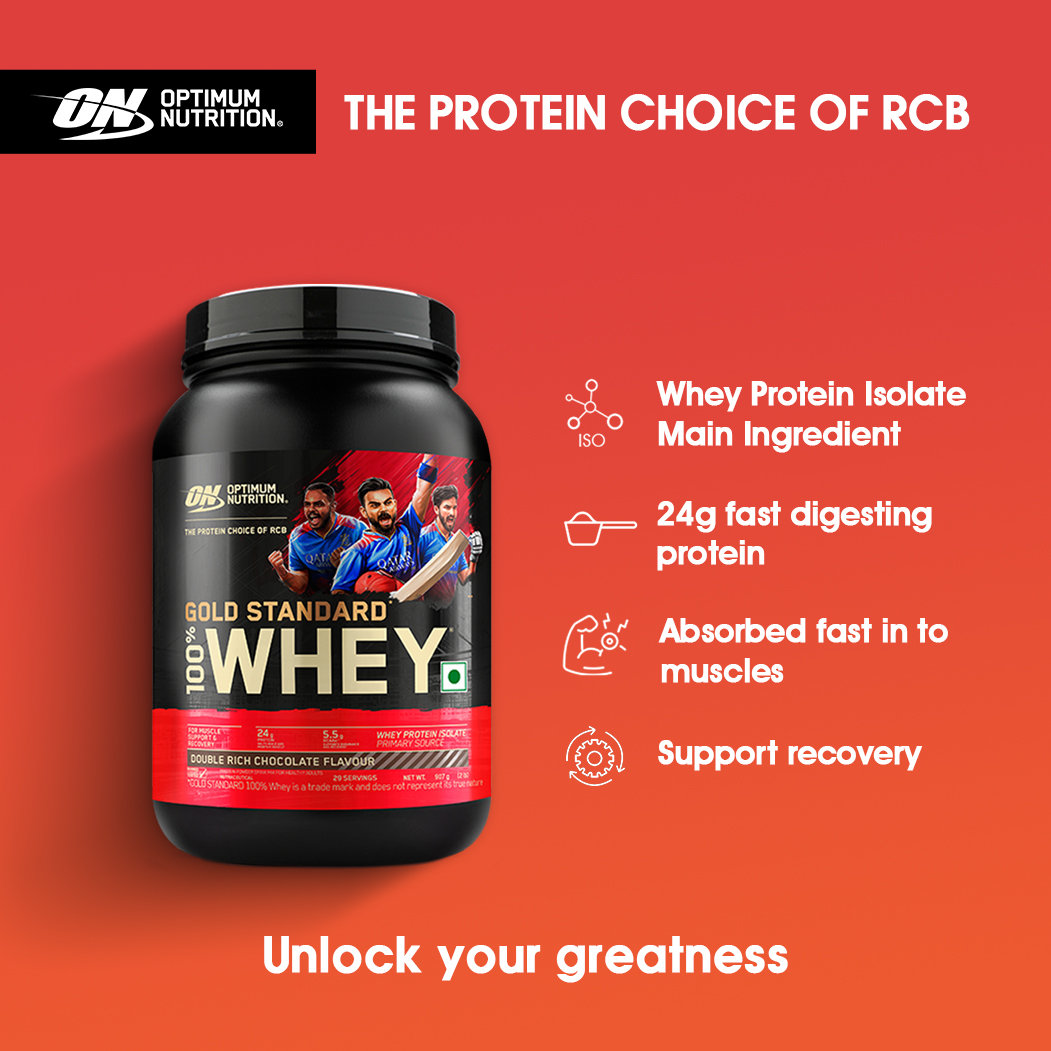 Optimum Nutrition (ON) Gold Standard 100% Whey Protein Double Rich Chocolate Flavour Powder, 907 gm, Pack of 1 Optimum Nutrition (ON) Gold Standard 100% Whey Protein Double Rich Chocolate Flavour Powder, 907 gm, Pack of 1