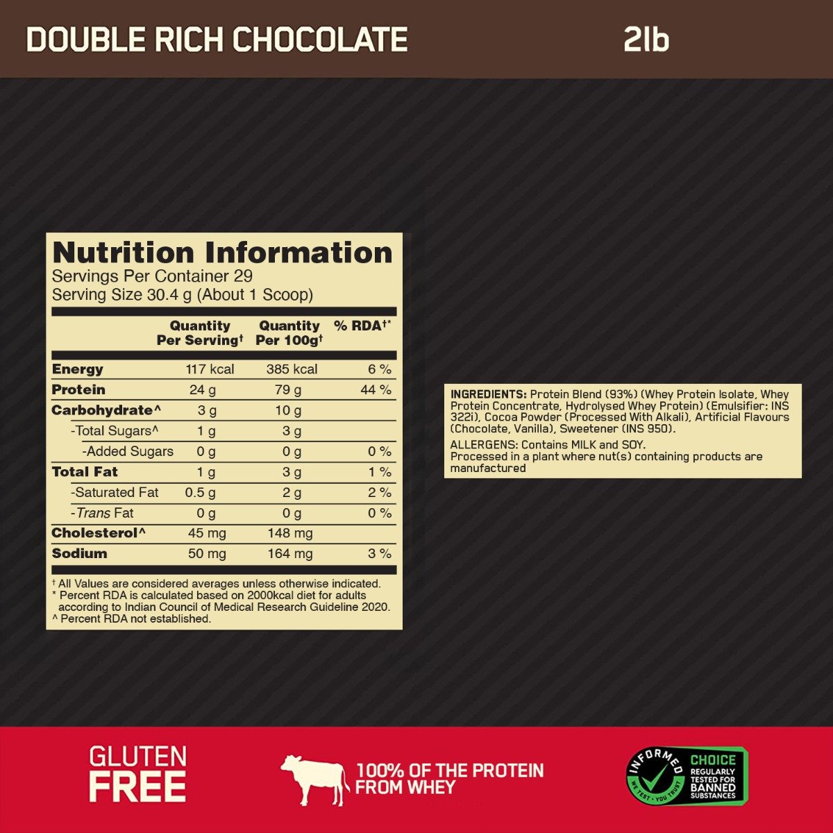 Optimum Nutrition (ON) Gold Standard 100% Whey Protein Double Rich Chocolate Flavour Powder, 907 gm, Pack of 1 Optimum Nutrition (ON) Gold Standard 100% Whey Protein Double Rich Chocolate Flavour Powder, 907 gm, Pack of 1