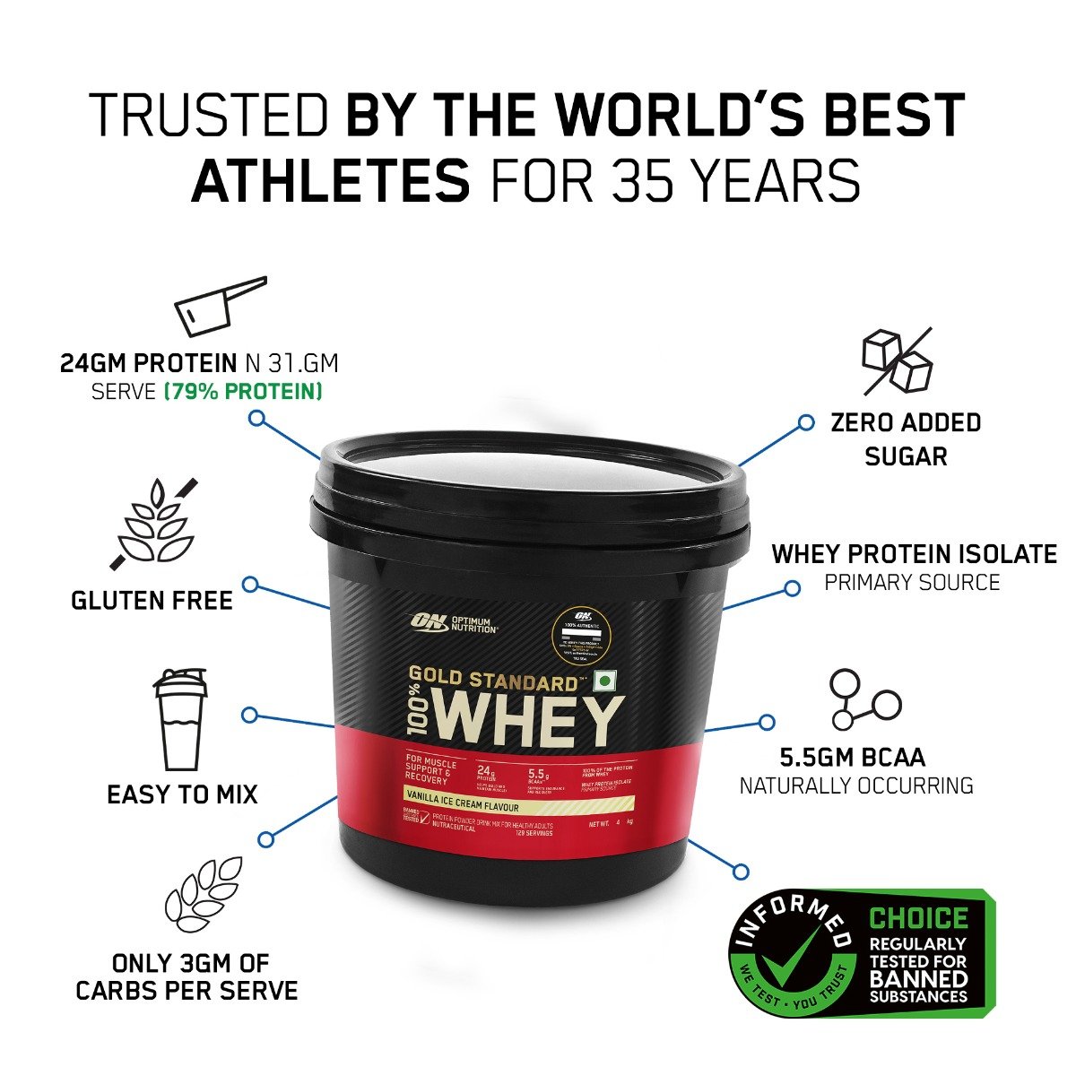 Optimum Nutrition (ON) Gold Standard 100% Whey Protein Vanilla Ice Cream Flavour Powder, 4 Kg, Pack of 1 Optimum Nutrition (ON) Gold Standard 100% Whey Protein Vanilla Ice Cream Flavour Powder, 4 Kg, Pack of 1