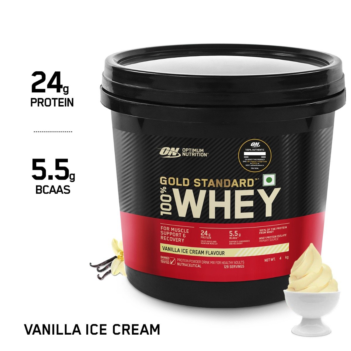 Optimum Nutrition (ON) Gold Standard 100% Whey Protein Vanilla Ice Cream Flavour Powder, 4 Kg, Pack of 1 Optimum Nutrition (ON) Gold Standard 100% Whey Protein Vanilla Ice Cream Flavour Powder, 4 Kg, Pack of 1