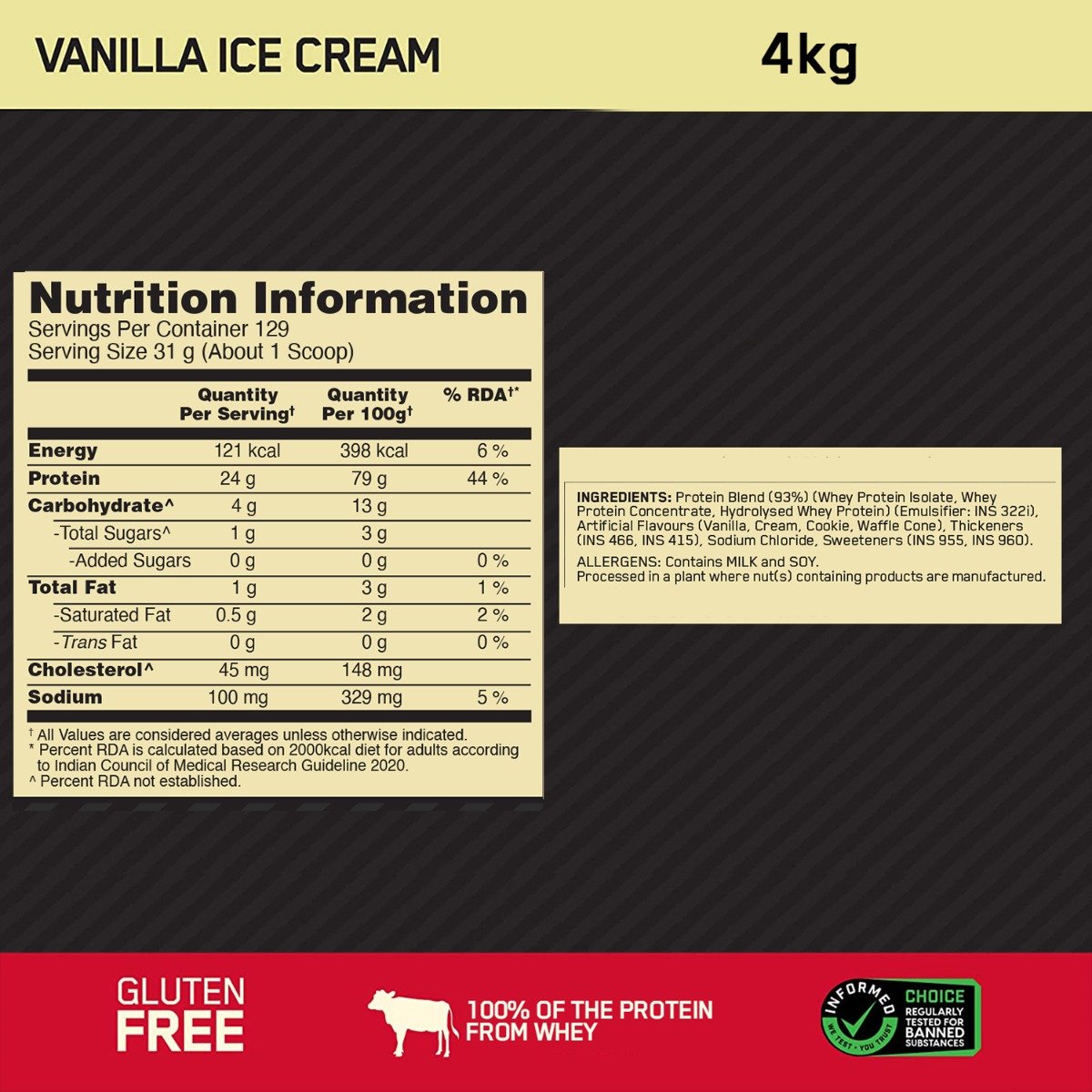 Optimum Nutrition (ON) Gold Standard 100% Whey Protein Vanilla Ice Cream Flavour Powder, 4 Kg, Pack of 1 Optimum Nutrition (ON) Gold Standard 100% Whey Protein Vanilla Ice Cream Flavour Powder, 4 Kg, Pack of 1