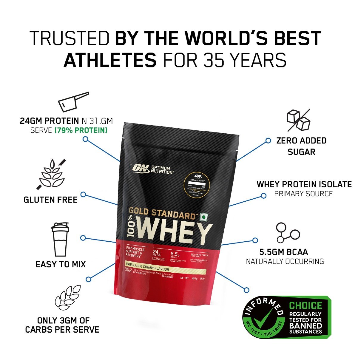 Optimum Nutrition (ON) Gold Standard 100% Whey Protein Vanilla Ice Cream Flavour Powder, 454 gm, Pack of 1 Optimum Nutrition (ON) Gold Standard 100% Whey Protein Vanilla Ice Cream Flavour Powder, 454 gm, Pack of 1
