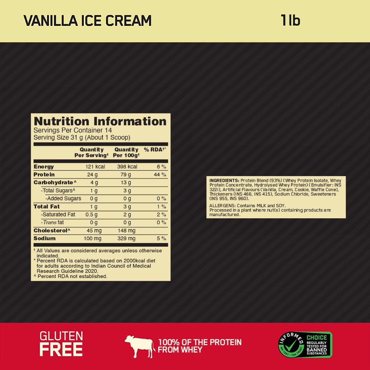 Optimum Nutrition (ON) Gold Standard 100% Whey Protein Vanilla Ice Cream Flavour Powder, 454 gm, Pack of 1 Optimum Nutrition (ON) Gold Standard 100% Whey Protein Vanilla Ice Cream Flavour Powder, 454 gm, Pack of 1