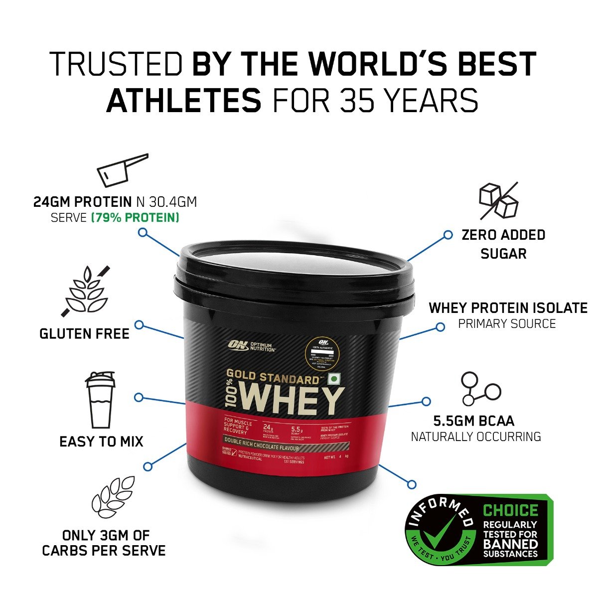 Optimum Nutrition (ON) Gold Standard 100% Whey Protein Double Rich Chocolate Flavour Powder, 4 Kg, Pack of 1 Optimum Nutrition (ON) Gold Standard 100% Whey Protein Double Rich Chocolate Flavour Powder, 4 Kg, Pack of 1