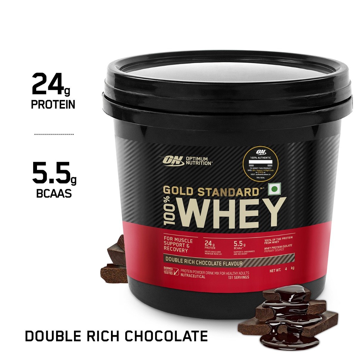 Optimum Nutrition (ON) Gold Standard 100% Whey Protein Double Rich Chocolate Flavour Powder, 4 Kg, Pack of 1 Optimum Nutrition (ON) Gold Standard 100% Whey Protein Double Rich Chocolate Flavour Powder, 4 Kg, Pack of 1