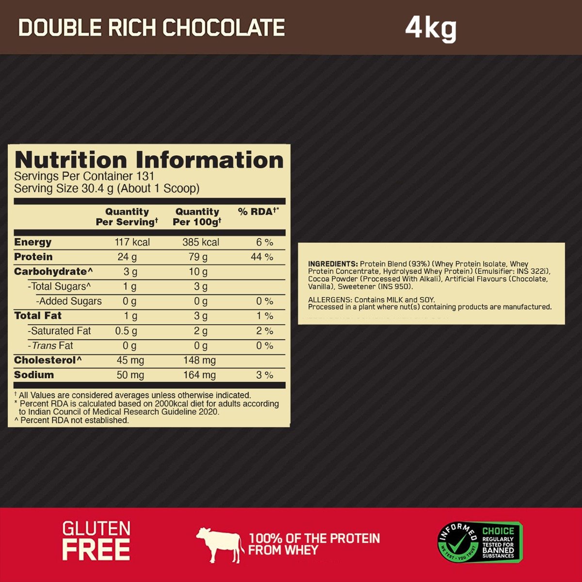Optimum Nutrition (ON) Gold Standard 100% Whey Protein Double Rich Chocolate Flavour Powder, 4 Kg, Pack of 1 Optimum Nutrition (ON) Gold Standard 100% Whey Protein Double Rich Chocolate Flavour Powder, 4 Kg, Pack of 1