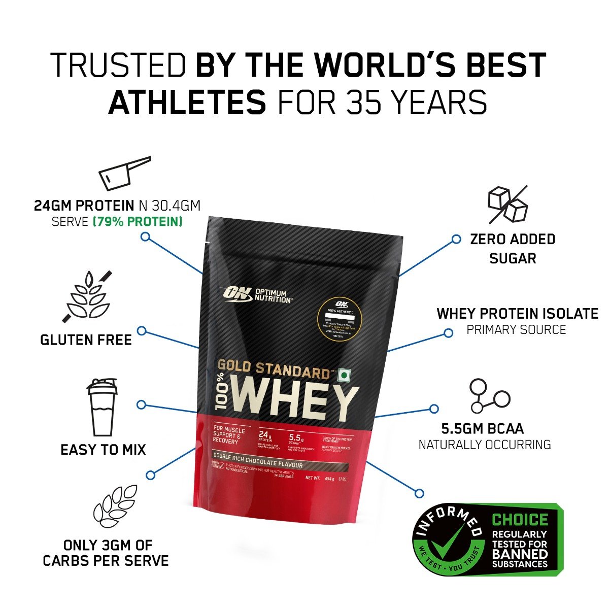 Optimum Nutrition (ON) Gold Standard 100% Whey Protein Double Rich Chocolate Flavour Powder, 454 gm, Pack of 1 Optimum Nutrition (ON) Gold Standard 100% Whey Protein Double Rich Chocolate Flavour Powder, 454 gm, Pack of 1