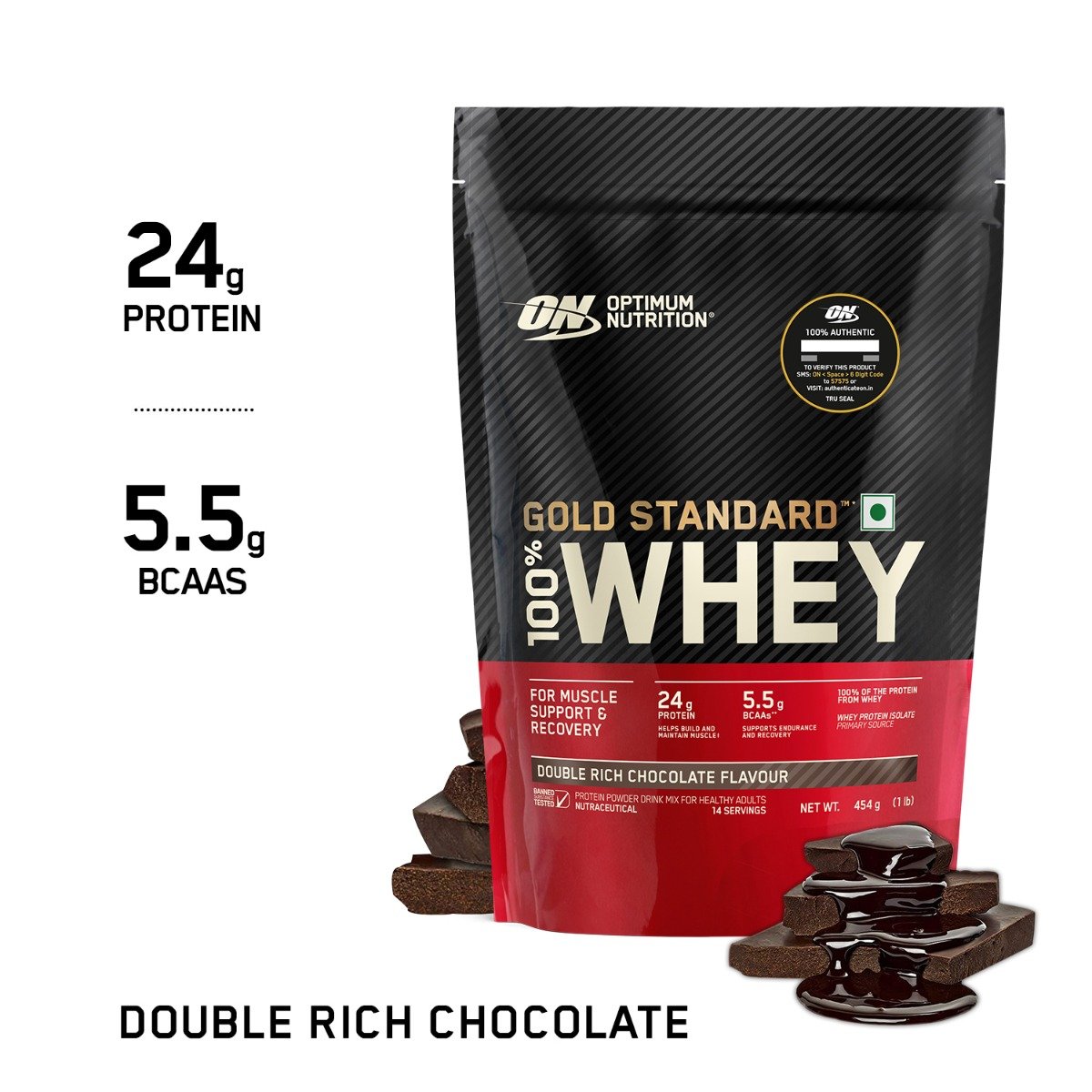Optimum Nutrition (ON) Gold Standard 100% Whey Protein Double Rich Chocolate Flavour Powder, 454 gm, Pack of 1 Optimum Nutrition (ON) Gold Standard 100% Whey Protein Double Rich Chocolate Flavour Powder, 454 gm, Pack of 1