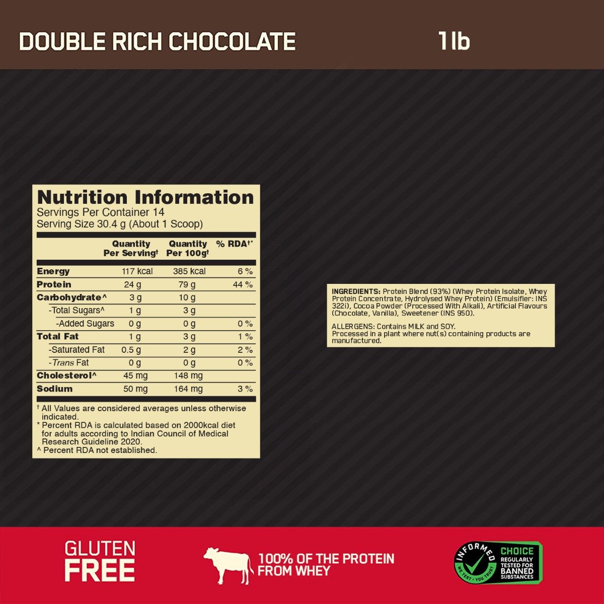 Optimum Nutrition (ON) Gold Standard 100% Whey Protein Double Rich Chocolate Flavour Powder, 454 gm, Pack of 1 Optimum Nutrition (ON) Gold Standard 100% Whey Protein Double Rich Chocolate Flavour Powder, 454 gm, Pack of 1