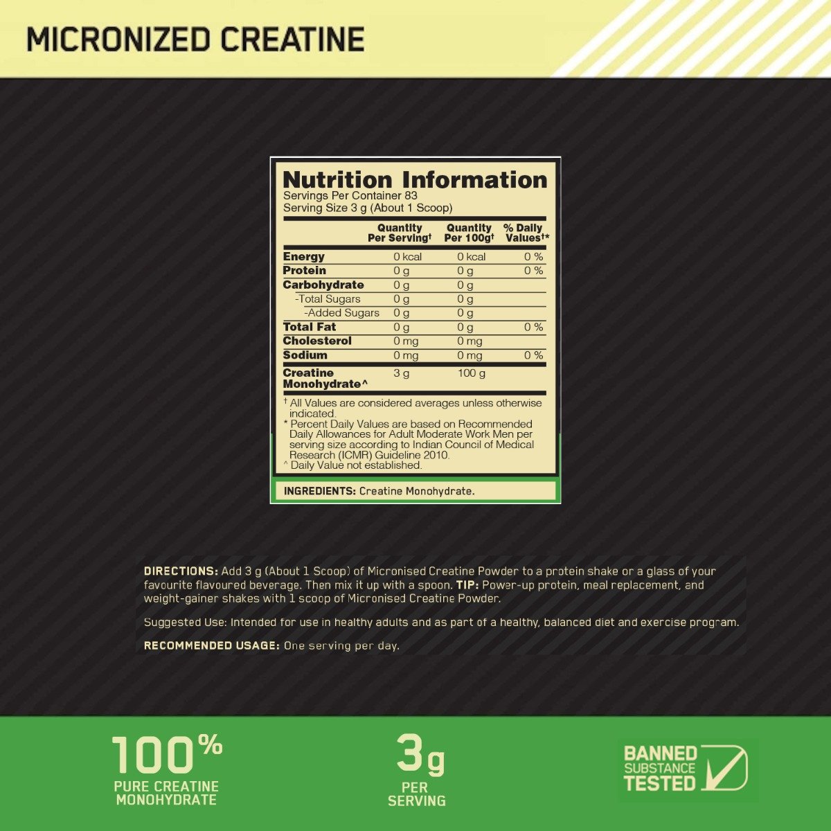 Optimum Nutrition (ON) Micronised Creatine Unflavour Powder, 250 gm, Pack of 1 Optimum Nutrition (ON) Micronised Creatine Unflavour Powder, 250 gm, Pack of 1