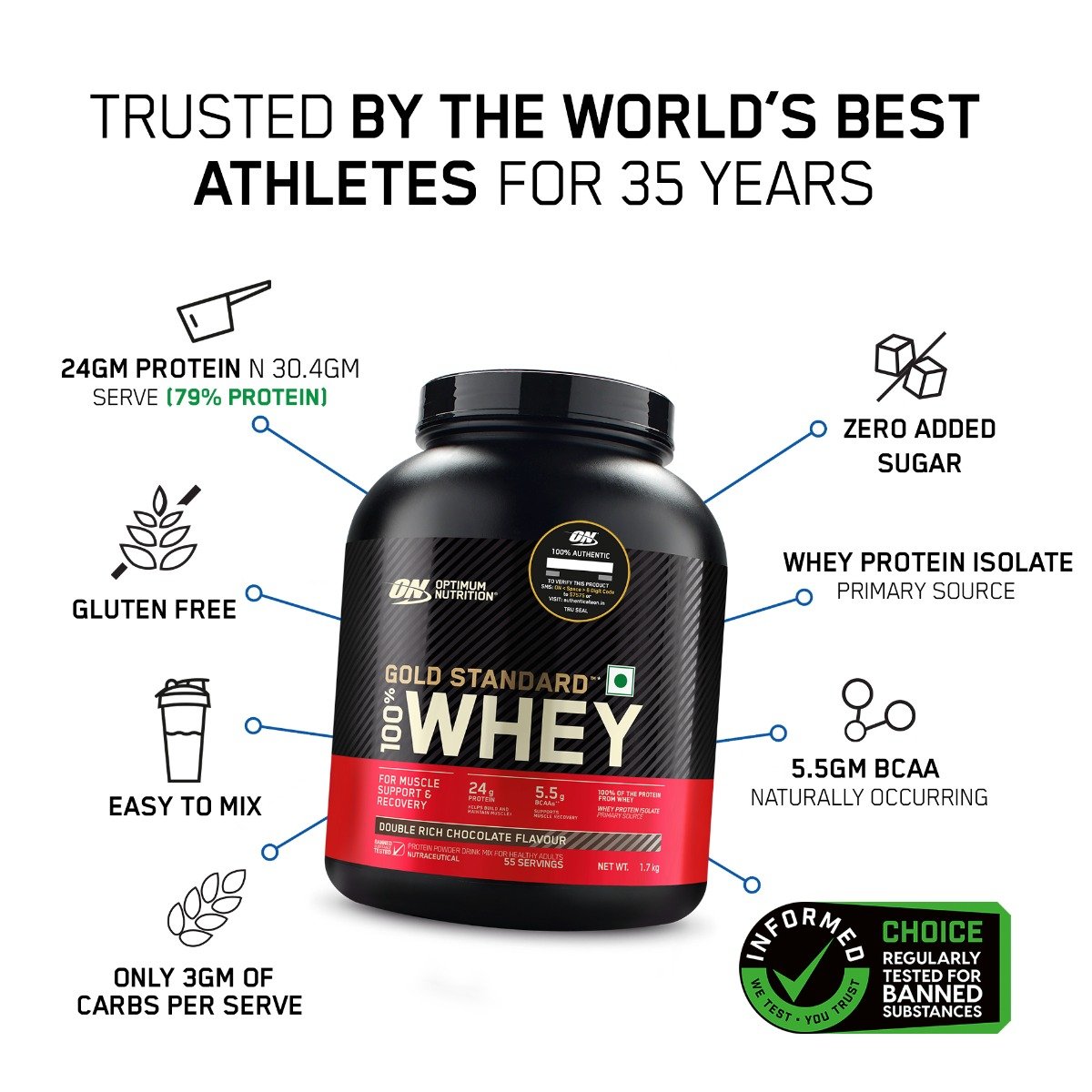 Optimum Nutrition (ON) Gold Standard 100% Whey Protein Double Rich Chocolate Flavour Powder, 1.7 kg, Pack of 1 Optimum Nutrition (ON) Gold Standard 100% Whey Protein Double Rich Chocolate Flavour Powder, 1.7 kg, Pack of 1