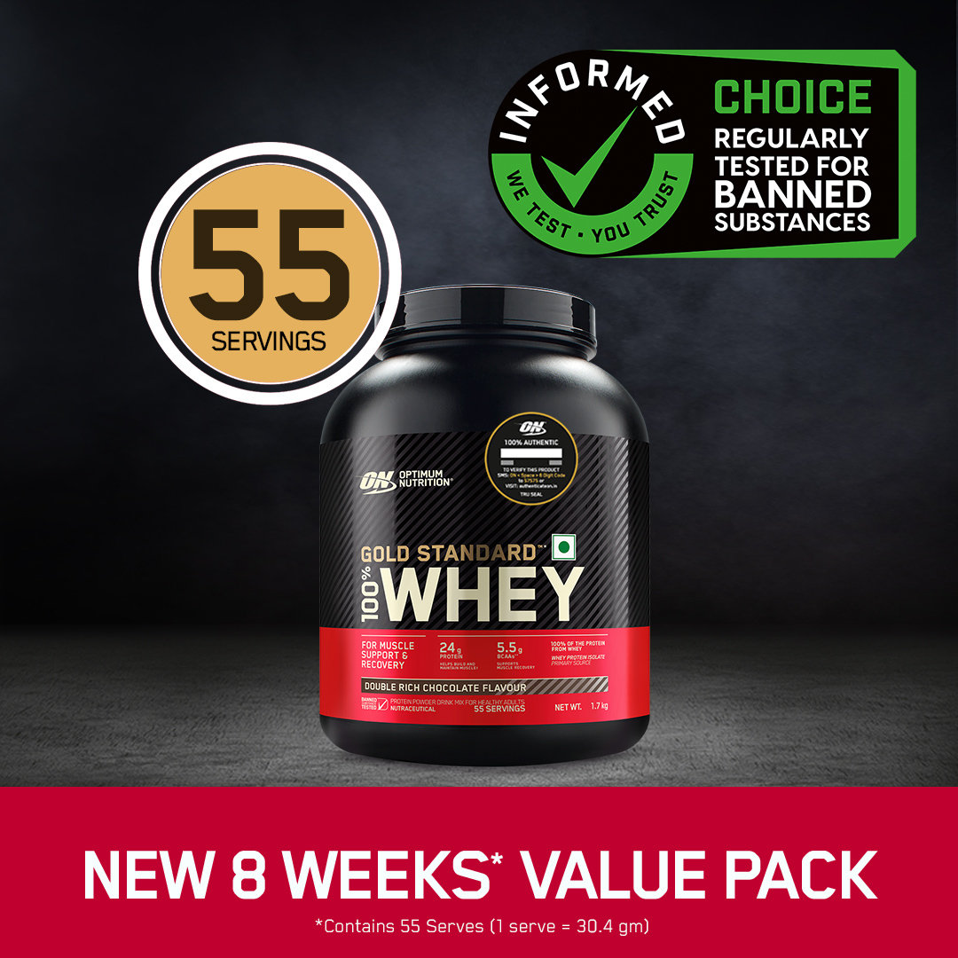 Optimum Nutrition (ON) Gold Standard 100% Whey Protein Double Rich Chocolate Flavour Powder, 1.7 kg, Pack of 1 Optimum Nutrition (ON) Gold Standard 100% Whey Protein Double Rich Chocolate Flavour Powder, 1.7 kg, Pack of 1