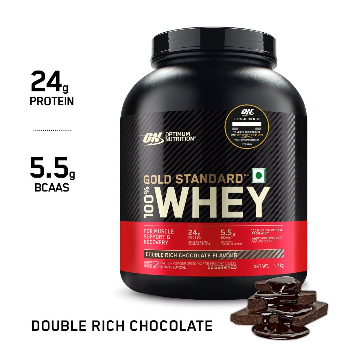 Optimum Nutrition (ON) Gold Standard 100% Whey Protein Double Rich Chocolate Flavour Powder, 1.7 kg, Pack of 1 Optimum Nutrition (ON) Gold Standard 100% Whey Protein Double Rich Chocolate Flavour Powder, 1.7 kg, Pack of 1