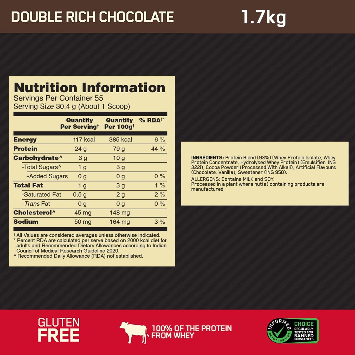 Optimum Nutrition (ON) Gold Standard 100% Whey Protein Double Rich Chocolate Flavour Powder, 1.7 kg, Pack of 1 Optimum Nutrition (ON) Gold Standard 100% Whey Protein Double Rich Chocolate Flavour Powder, 1.7 kg, Pack of 1