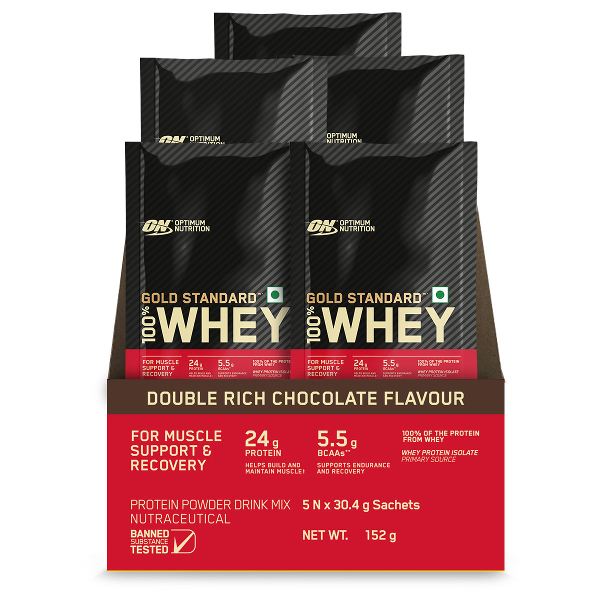 Optimum Nutrition (ON) Gold Standard 100% Whey Protein Double Rich Chocolate Flavour Powder, 5 Sachets x 30.4 gm, Pack of 1 Optimum Nutrition (ON) Gold Standard 100% Whey Protein Double Rich Chocolate Flavour Powder, 5 Sachets x 30.4 gm, Pack of 1