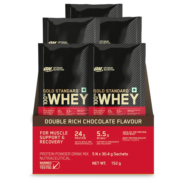 Optimum Nutrition (ON) Gold Standard 100% Whey Protein Double Rich Chocolate Flavour Powder, 5 Sachets x 30.4 gm, Pack of 1