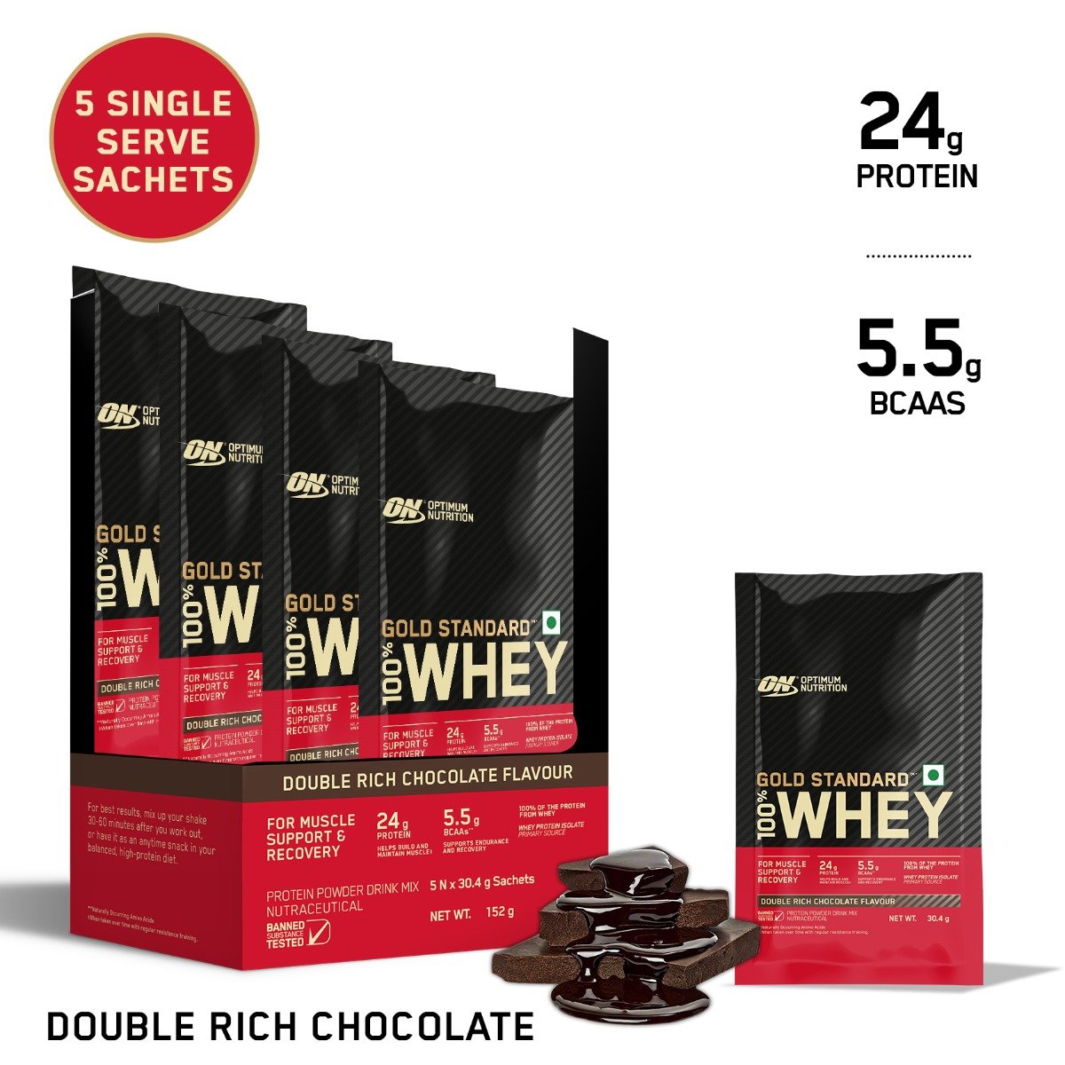 Optimum Nutrition (ON) Gold Standard 100% Whey Protein Double Rich Chocolate Flavour Powder, 5 Sachets x 30.4 gm, Pack of 1 Optimum Nutrition (ON) Gold Standard 100% Whey Protein Double Rich Chocolate Flavour Powder, 5 Sachets x 30.4 gm, Pack of 1