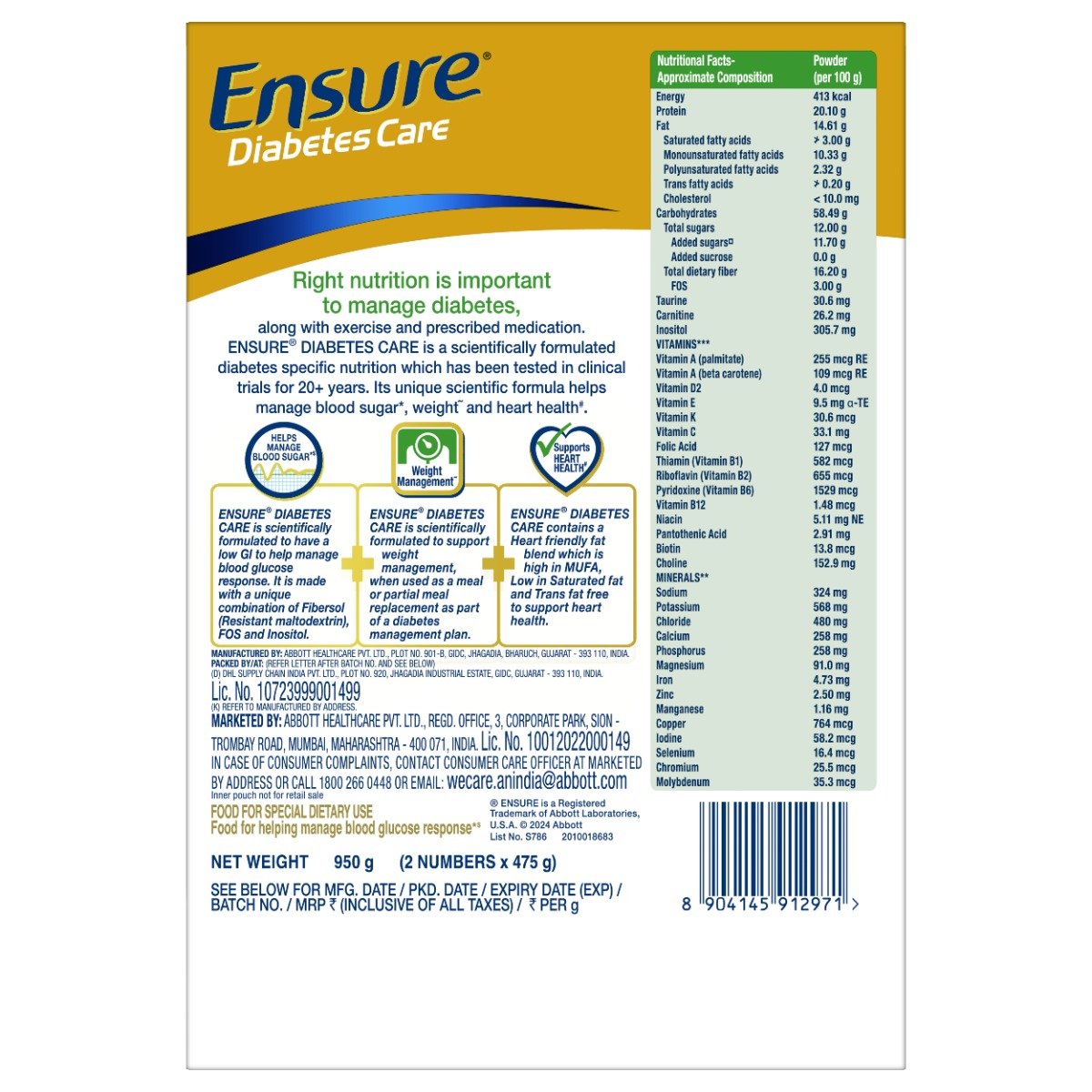 Ensure Diabetes Care Chocolate Flavour Powder for Adults, 950 gm, Pack of 1 Ensure Diabetes Care Chocolate Flavour Powder for Adults, 950 gm, Pack of 1