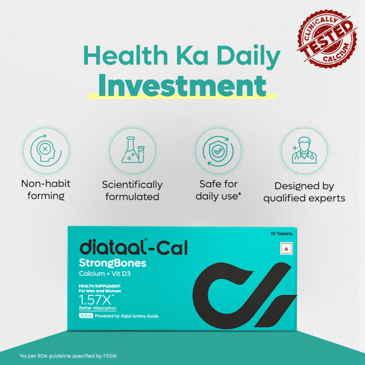 Diataal Cal Strong Bones 10 Tablets | Clinically Tested AAA Calcium + 400 IU Vit D3 + Glycine | 57% Better Absorption | For Strong Bones, Joints & Muscles | Patented Japanese Tech |, Pack of 10 Diataal Cal Strong Bones 10 Tablets | Clinically Tested AAA Calcium + 400 IU Vit D3 + Glycine | 57% Better Absorption | For Strong Bones, Joints & Muscles | Patented Japanese Tech |, Pack of 10