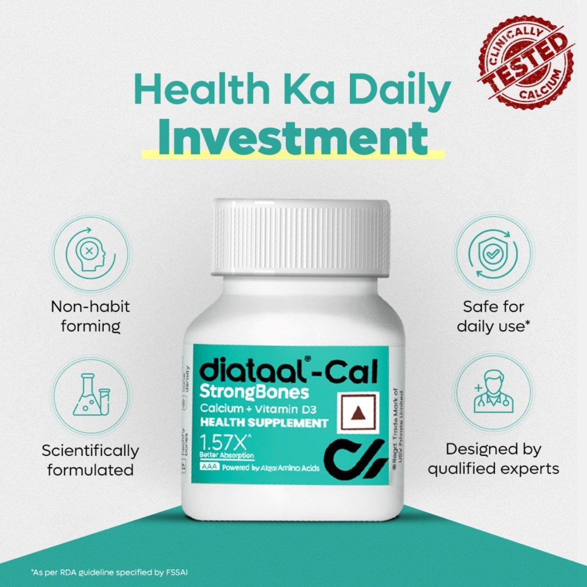Diataal Cal Strong Bones 30 Tablets | Clinically Tested AAA Calcium + 400 IU Vit D3 + Glycine | 57% Better Absorption | For Strong Bones, Joints & Muscles | Patented Japanese Tech, Pack of 1 Tablet Diataal Cal Strong Bones 30 Tablets | Clinically Tested AAA Calcium + 400 IU Vit D3 + Glycine | 57% Better Absorption | For Strong Bones, Joints & Muscles | Patented Japanese Tech, Pack of 1 Tablet