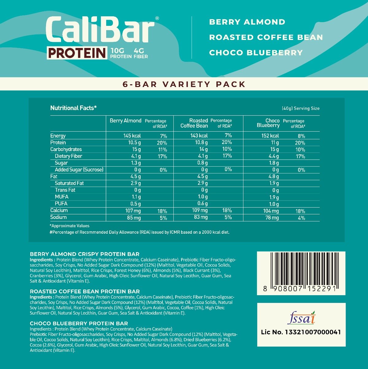 CaliBar 10g Protein 6-BAR Variety Pack | No Added Sugar, 6x40 gm, Pack of 1 CaliBar 10g Protein 6-BAR Variety Pack | No Added Sugar, 6x40 gm, Pack of 1