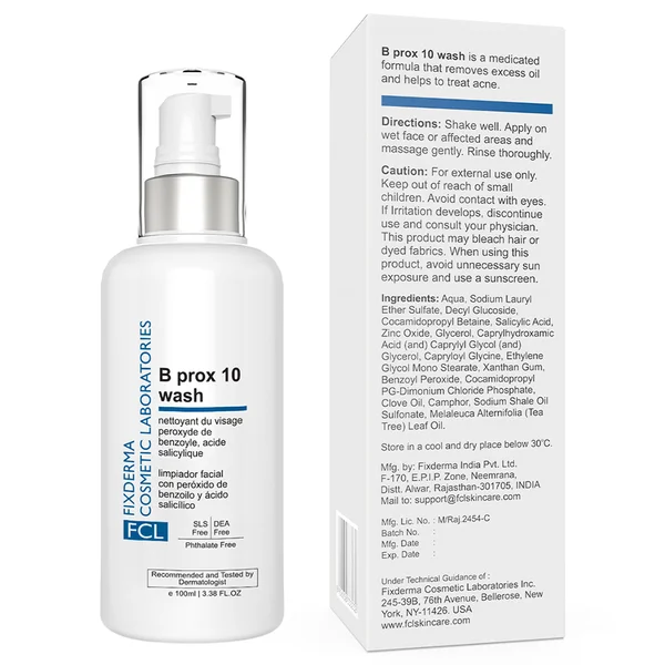 FCL 2% Benzoyl Peroxide B-Prox 10 Wash, 100ml - For Acne Exfoliate Blackheads Controls Cleanser