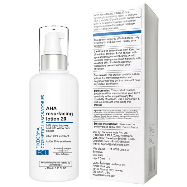 FCL Glycolic Acid AHA 20 Lotion For Body &amp; Face, 100ml - Exfoliating Lotion for Rough Skin, Pack of 1
