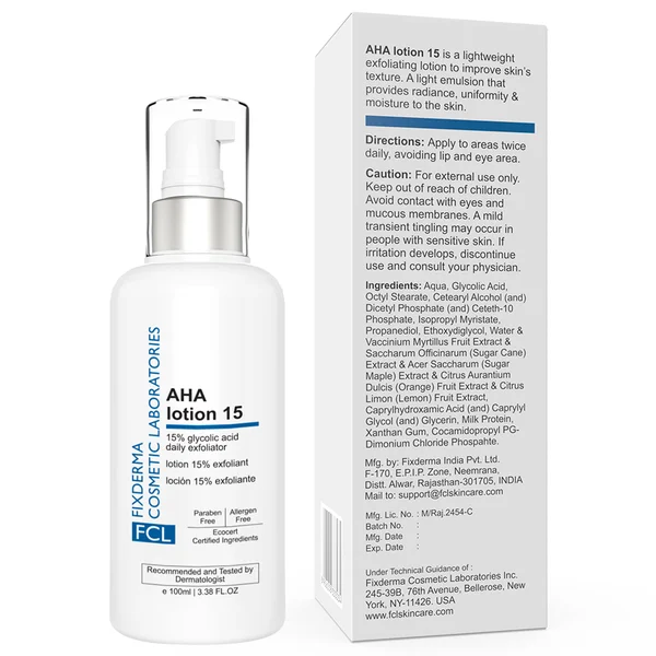 FCL 15% Glycolic Acid AHA Lotion For Body &amp; Face, 100ml - Exfoliating Lotion for Rough Skin, Pack of 1