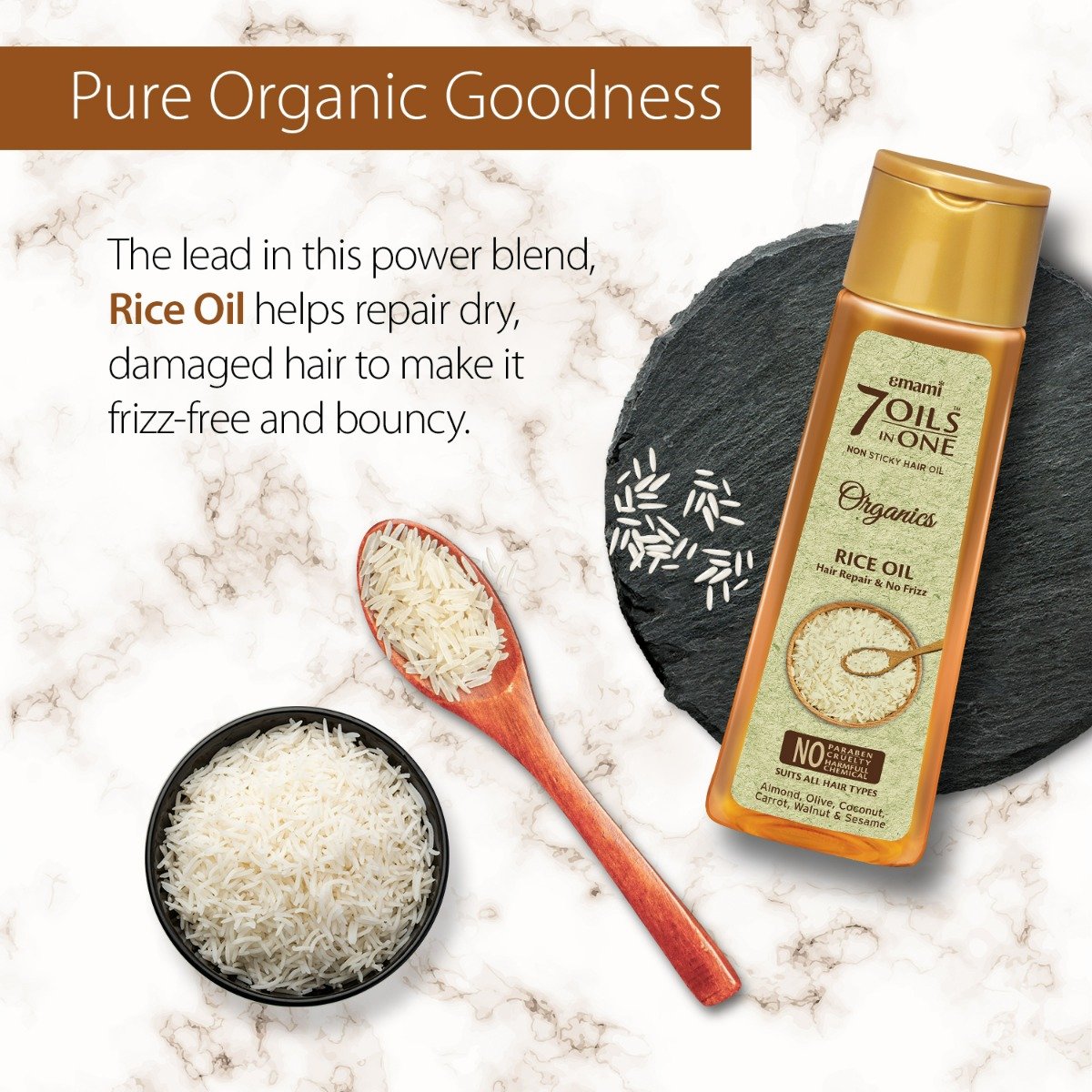 Emami 7 Oils In One Organics Rice Oil for Hair Repair & No Frizz, 200 ml, Pack of 1 Emami 7 Oils In One Organics Rice Oil for Hair Repair & No Frizz, 200 ml, Pack of 1