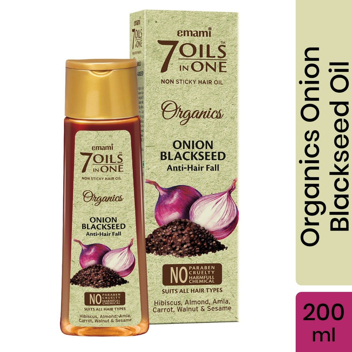 Emami 7 Oils In One Organics Onion Blackseed Hair Oil for Anti-Hair Fall, 200 ml, Pack of 1 Emami 7 Oils In One Organics Onion Blackseed Hair Oil for Anti-Hair Fall, 200 ml, Pack of 1
