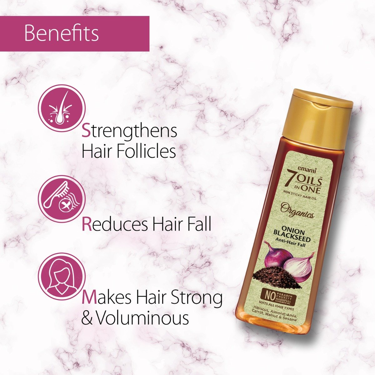 Emami 7 Oils In One Organics Onion Blackseed Hair Oil for Anti-Hair Fall, 200 ml, Pack of 1 Emami 7 Oils In One Organics Onion Blackseed Hair Oil for Anti-Hair Fall, 200 ml, Pack of 1