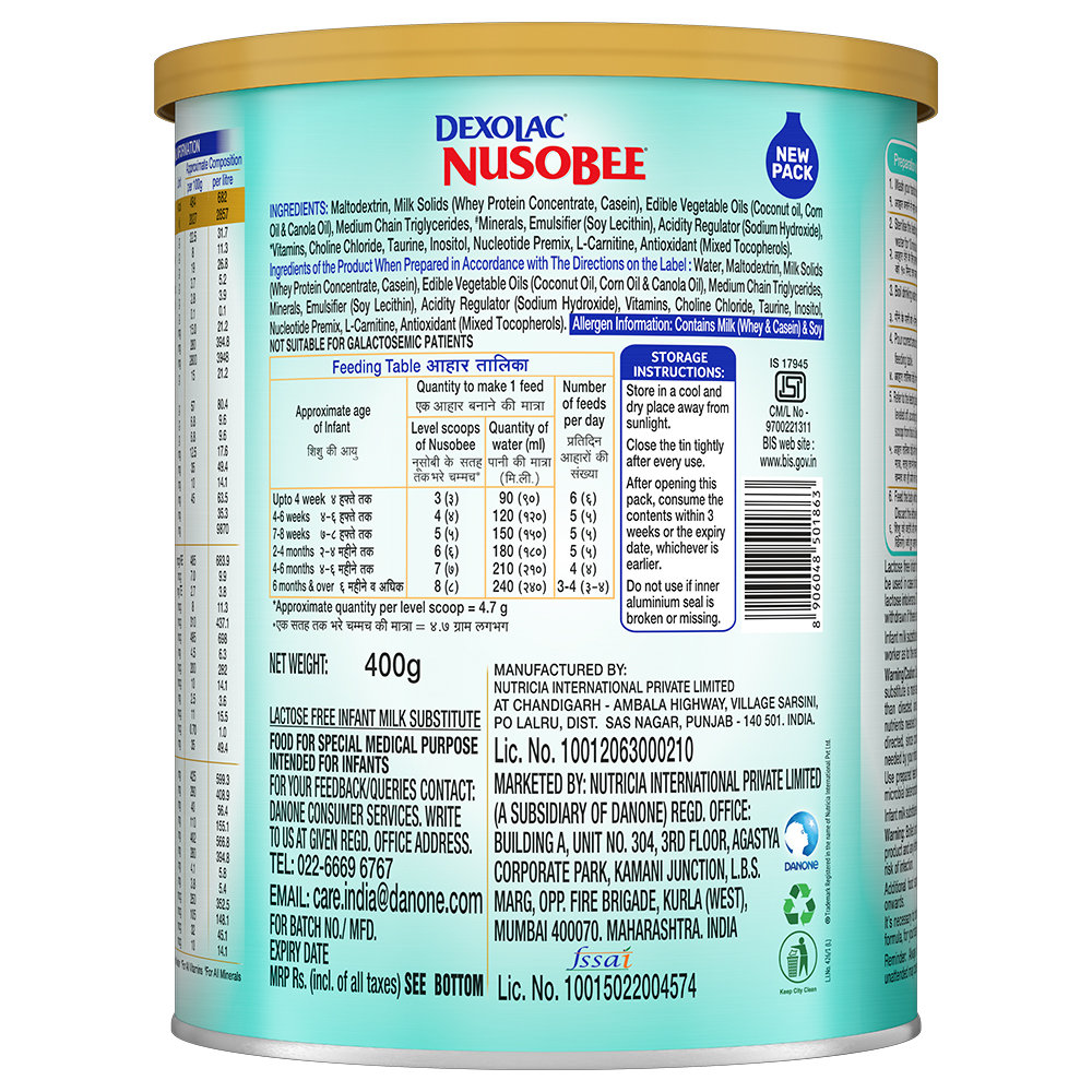 Dexolac Nusobee Lactose Free Infant Milk Substitute Up to 24 Months Powder, 400 gm Tin, Pack of 1 Dexolac Nusobee Lactose Free Infant Milk Substitute Up to 24 Months Powder, 400 gm Tin, Pack of 1