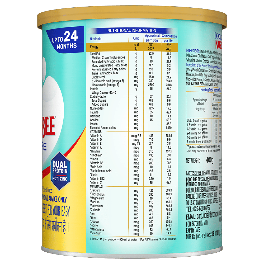 Dexolac Nusobee Lactose Free Infant Milk Substitute Up to 24 Months Powder, 400 gm Tin, Pack of 1 Dexolac Nusobee Lactose Free Infant Milk Substitute Up to 24 Months Powder, 400 gm Tin, Pack of 1