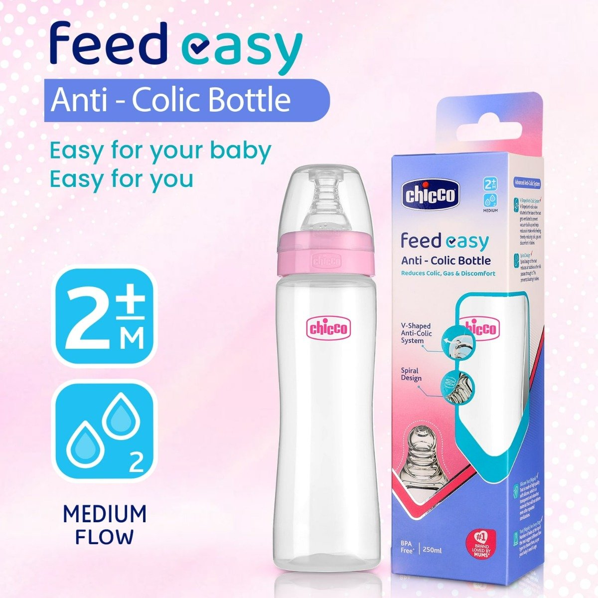 Chicco Feed Easy Anti-Colic Medium Flow Pink Color Bottle for 2+M Baby, 250 ml, Pack of 1 Chicco Feed Easy Anti-Colic Medium Flow Pink Color Bottle for 2+M Baby, 250 ml, Pack of 1