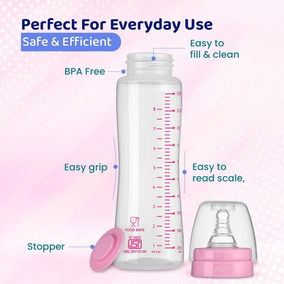 Chicco Feed Easy Anti-Colic Medium Flow Pink Color Bottle for 2+M Baby, 250 ml, Pack of 1 Chicco Feed Easy Anti-Colic Medium Flow Pink Color Bottle for 2+M Baby, 250 ml, Pack of 1