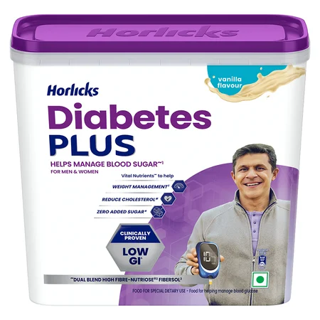 Horlicks Diabetes Plus Vanilla Flavour Nutrition Powder, 1 kg (2x500 gm) | Helps Manage Blood Sugar | Weight Management